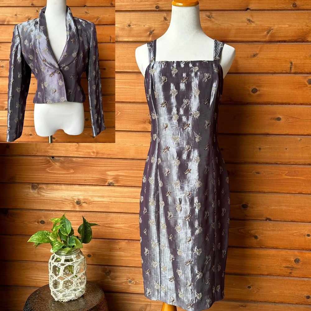 Totally 90s Banu Paris Metallic Purple Sheath Tank Dress w/ Jacket Formal Size 4
